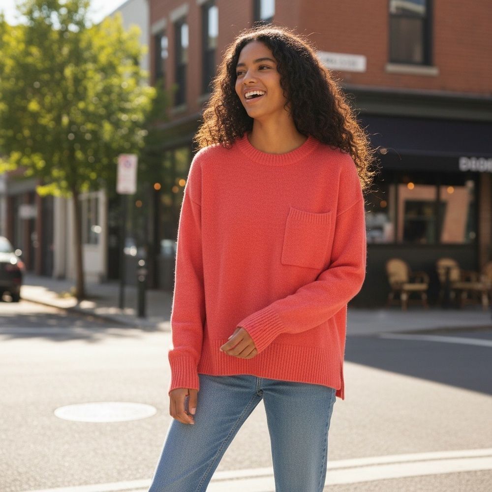 Sanctuary Coral Pocket Crew Neck Wool Blend Sweater Medium M